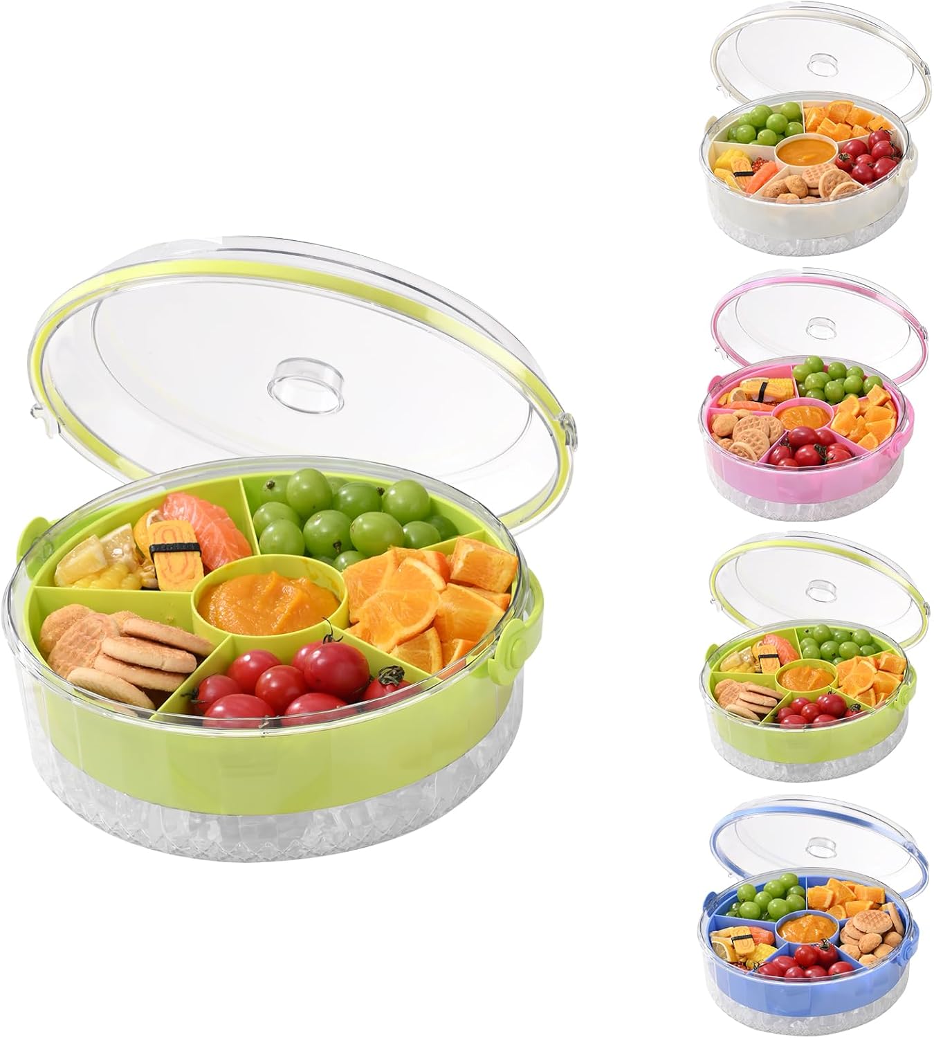 Fruit Ice Divided Serving Tray with Lid and handle,Chilled Veggie Tray,Shrimp Cocktail Serving Dish,Ideal Cold Chilled Serving Platter for Parties,Vegetables,Appetizer,Salads,Picnic,Appetizers,Travel