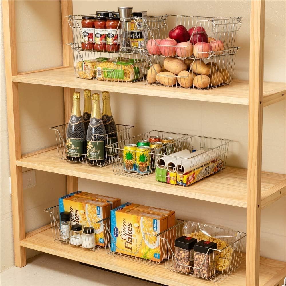 Stackable Wire Metal Baskets Sturdy Cabinet Organizer Wire Pantry Freezer Bin with Handle for Kitchen Fruit Vegetable Organization, Black, 3Packs