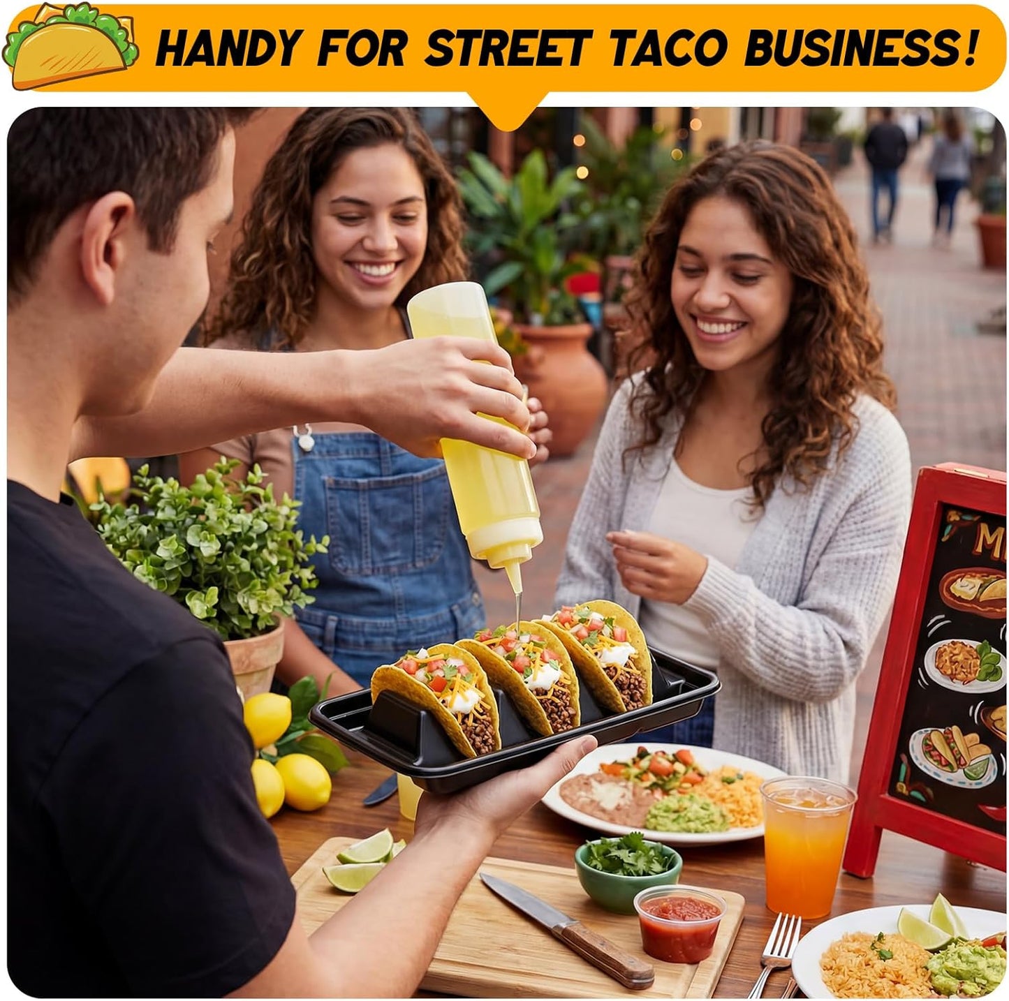 Baderke 100 Pcs Disposable Taco Holders for Party, Disposable Plastic Taco Plates with 3 Dividers, Premium PP Tacos Tray Serving Set for Tacos Tuesday, Fiesta Party Bar Supplies