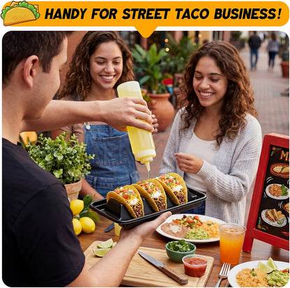 Baderke 100 Pcs Disposable Taco Holders for Party, Disposable Plastic Taco Plates with 3 Dividers, Premium PP Tacos Tray Serving Set for Tacos Tuesday, Fiesta Party Bar Supplies