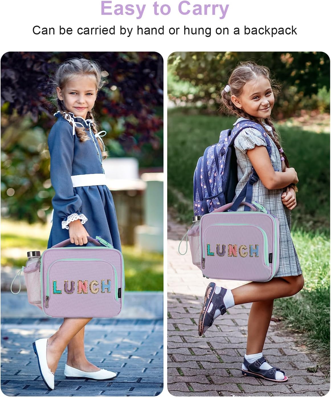 Amersun Kids Insulated Lunch Box- Water-Resistant, Reusable Cute Lunch Tote Bag with Water Bottle Holder & Multi-Pocket-Ideal for Ages 3+ Girls, Boy, School,Travel(Purple)