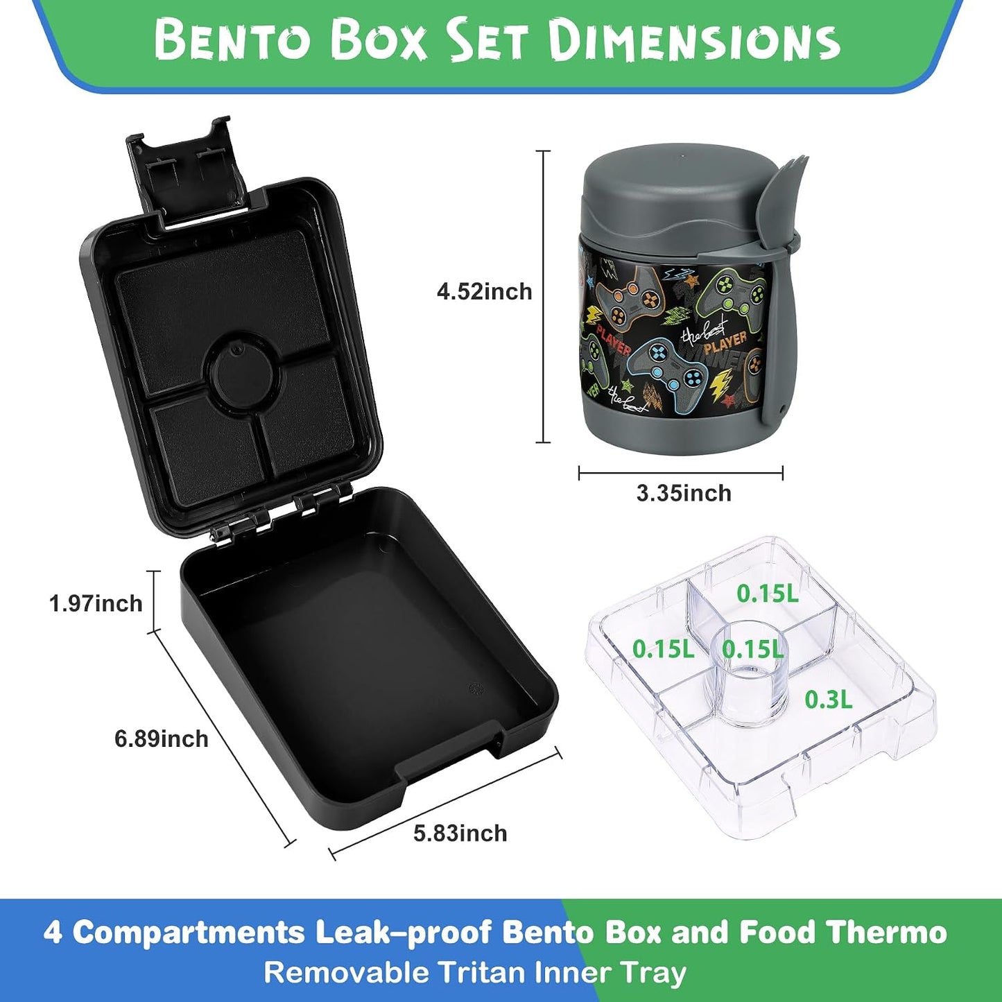 Pawtong Bento Lunch Box Set With 10oz Soup Thermo, Leak-proof Lunch Containers with 4 Compartment, Kids Hot Thermo Food Jar/Insulation Lunch Bag, Food Containers for School（Dinosaur）