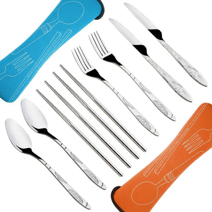 SENHAI 8 Pieces Flatware Sets Knife, Fork, Spoon, Chopsticks, 2 Pack Rustproof Stainless Steel Tableware Dinnerware with Carrying Case for Traveling Camping Picnic Working Hiking