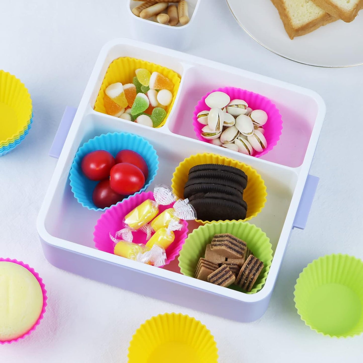 60PCS Silicone Lunch Box Dividers, Heavy-Duty Silicone Cupcake Liners for Muffin Cups, Reusable Kids' Lunch/Bento Box Accessories Set with Animal Forks, Food-Grade, BPA Free(20 Liners + 40 Picks)