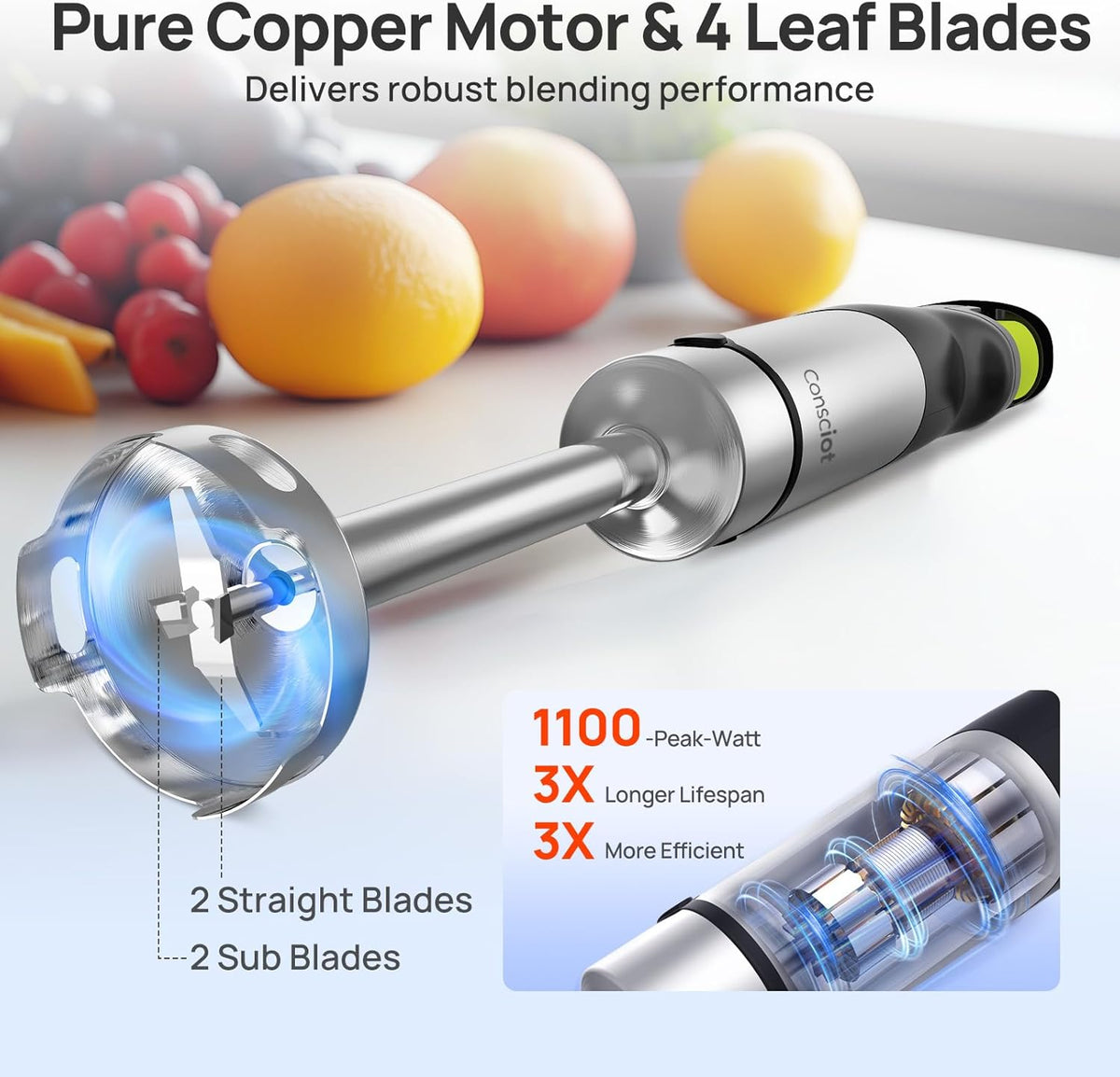 Consciot 4 in 1 Immersion Hand Blender Max 1100W, Trigger Speed Control