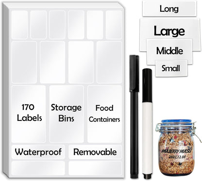 JIEHENG 170Pcs Black Removable Labels for Jars,for Storage Bins,for Food Containers with 2 Liquid Chalk Marker(Black)