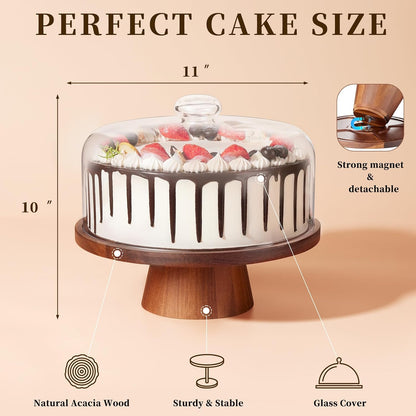 VIVIRBIEN Wooden Cake Stand with Lid, Acacia Cake Stand with Glass Dome, 11-Inch Versatile Dessert Stand with Strong Magnetic Pedestal, Cake Holder for Birthday/Kitchen/Party/Charcuterie