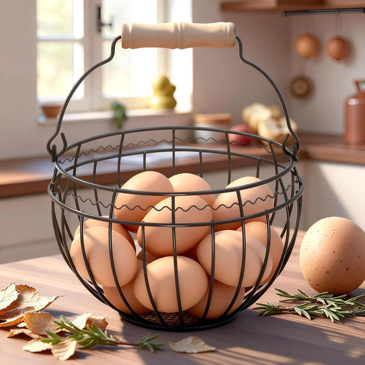 Wire Egg Basket for Gathering Fresh Eggs with Foldable Wooden Handle, Vintage Farmhouse Chicken Egg Collecting Basket for Countertop Kitchen, Holds Up to 24 Eggs, Easter & Christmas Decor