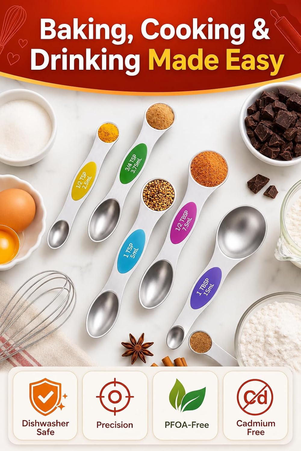 Magnetic Measuring Cups and Spoons Set304 Stainless Steel Dual Scale Set of 15, Strong N52 Magnetic Nesting Design with Leveler, for Dry&Liquid Ingredients, Dishwasher Safe(Colorful)