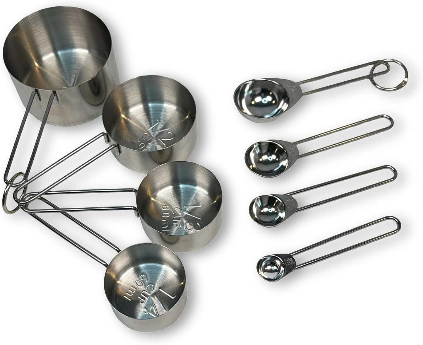 Silver Stainless Steel Measuring Cups and Spoons Set, 8 Piece, Engraved Measurements, Durable Nesting Kitchen Set