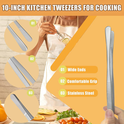 10-Inch Cooking Tweezers Pasta Tongs, Stainless Steel Kitchen Tweezer Tongs Culinary Food Tweezers for Cooking & Baking (Sliver)