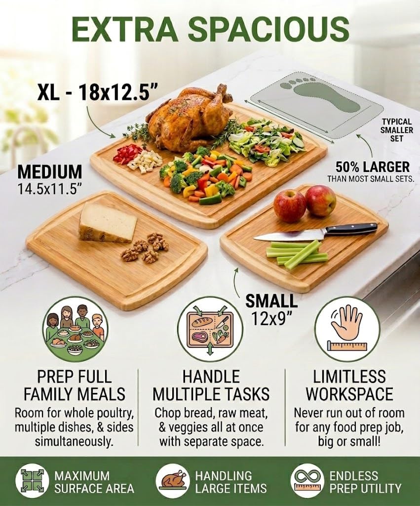 Greener Chef Luxury Wood Cutting Board 3-Piece Set with Vertical Grain Strength Technology - Extra Large Bamboo Cutting Boards for Kitchen with Deep Juice Grooves for Chopping - Lifetime Replacements