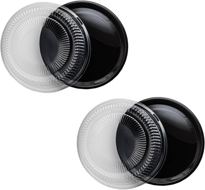 Party Essentials Hard Plastic 12" Black Trays With Clear Dome Lids, Set of 2 Trays and 2 Lids, Clear/Black
