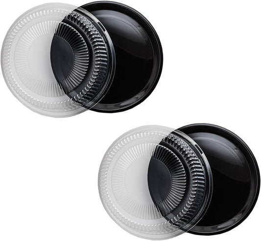 Party Essentials Hard Plastic 12" Black Trays With Clear Dome Lids, Set of 2 Trays and 2 Lids, Clear/Black