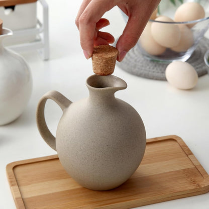 Elsjoy Set of 2 Ceramic Oil Vinegar Dispenser with Cork and Tray, 15 Oz Tabletop Oil Bottles Soy Sauce Jar, Decorative Olive Oil Stoneware Holder Vinegar Container for Kitchen