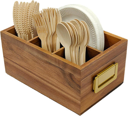 Acacia Silverware Holder for Party with Handle - Paper Plate Holders for Countertop - Wooden Utensil Caddy for Parties - Kitchen Spoon and Fork Organizer Silverware Caddy for Party Camping