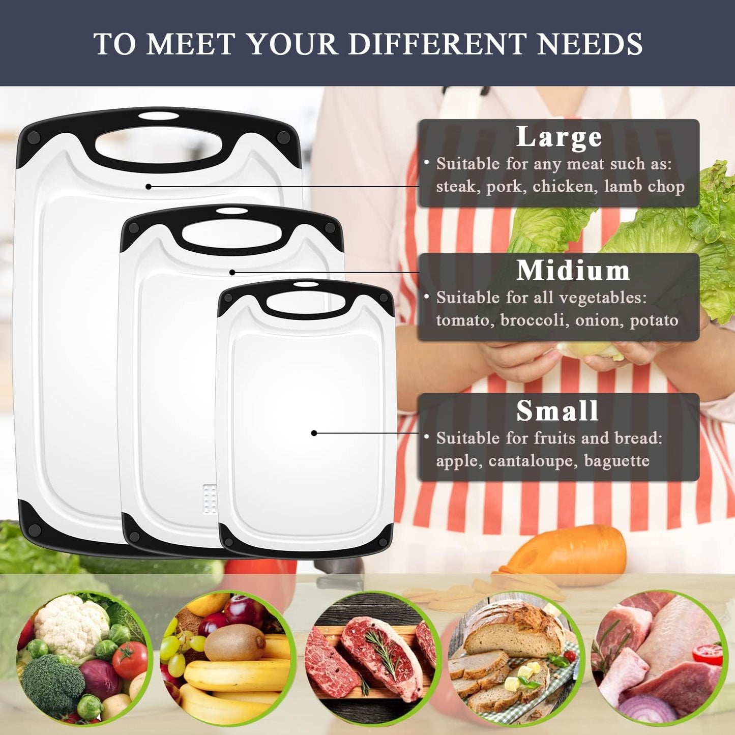 Viretang Plastic Cutting Boards Set of 3 Extra Large for Kitchen, Thick Chopping Board with Deep Juice Grooves, Non‑Slip Feet, Easy Grip Handle, BPA Free, Dishwasher Safe,Black