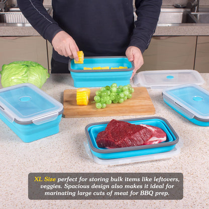 Collapsible Food Storage Containers with Lids, 4 Pack, 40 oz Silicone 1-Compartment Meal Prep Containers Reusable, Lunch Bento Boxes for Adults, Microwave Freezer Dishwasher Safe, BPA-Free, Black
