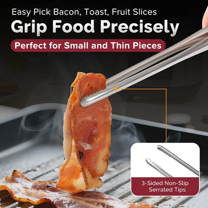Precision Serrated Non-Slip Tips Cooking Tongs 2 Set (11.5" & 13.5"), 18/8 Stainless Steel Metal Tong, Light but Durable, Easily Control Kitchen Tweezer Tongs for Frying, Plating, BBQ