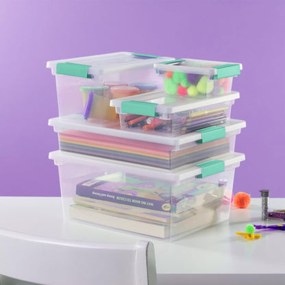 Sterilite Deep Clip Box, Stackable Small Storage Bin with Latching Lid, Plastic Container to Organize Paper, Office, Home, Clear Base and Lid, (Pack of 4)
