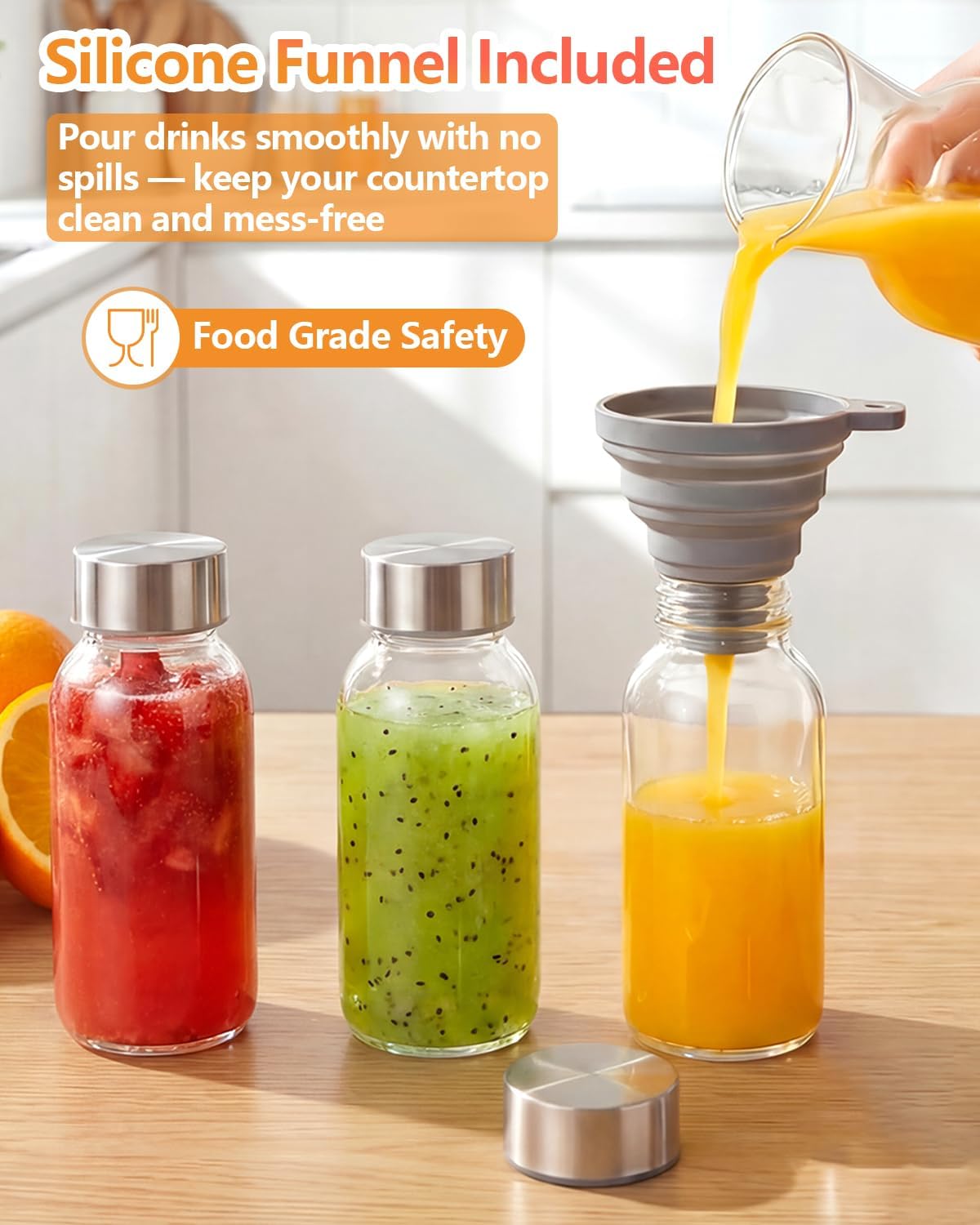 Zukro Glass Juice Bottles with Lids for Juicing 18 oz, Reusable Clear Glass Water Bottles with Stainless Steel Airtight Cap for Refrigerator, 100% Leak Proof Drinking Jar, BPA Free, Set of 6