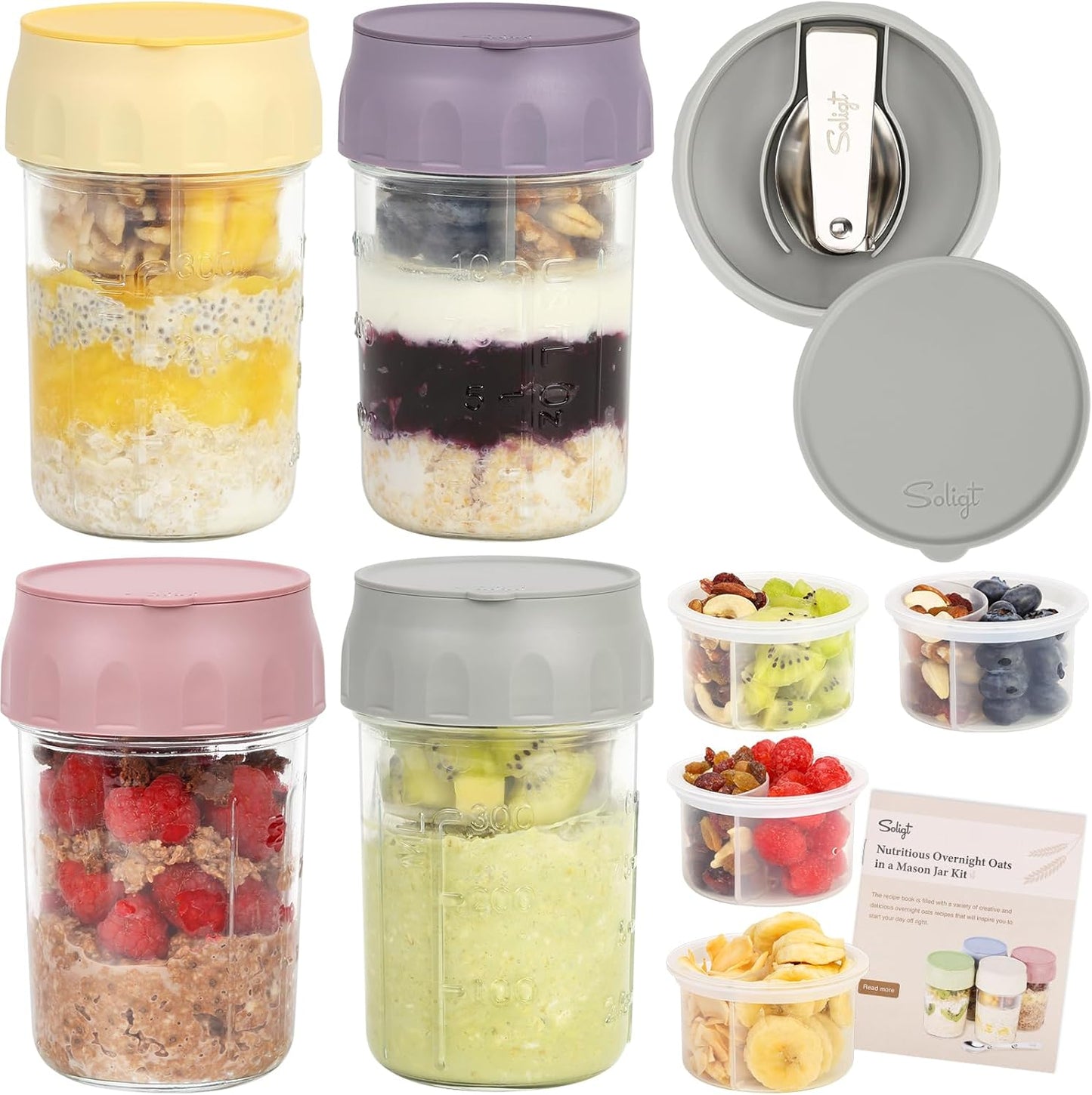 SOLIGT 4 Pack Overnight Oats Containers with Lids, Folding Spoons and Divided Compartments for Fruit & Nuts, Small Glass 16oz Mason Jars for Oatmeal (4 Set-Oat White/Green/Rose/Blue)