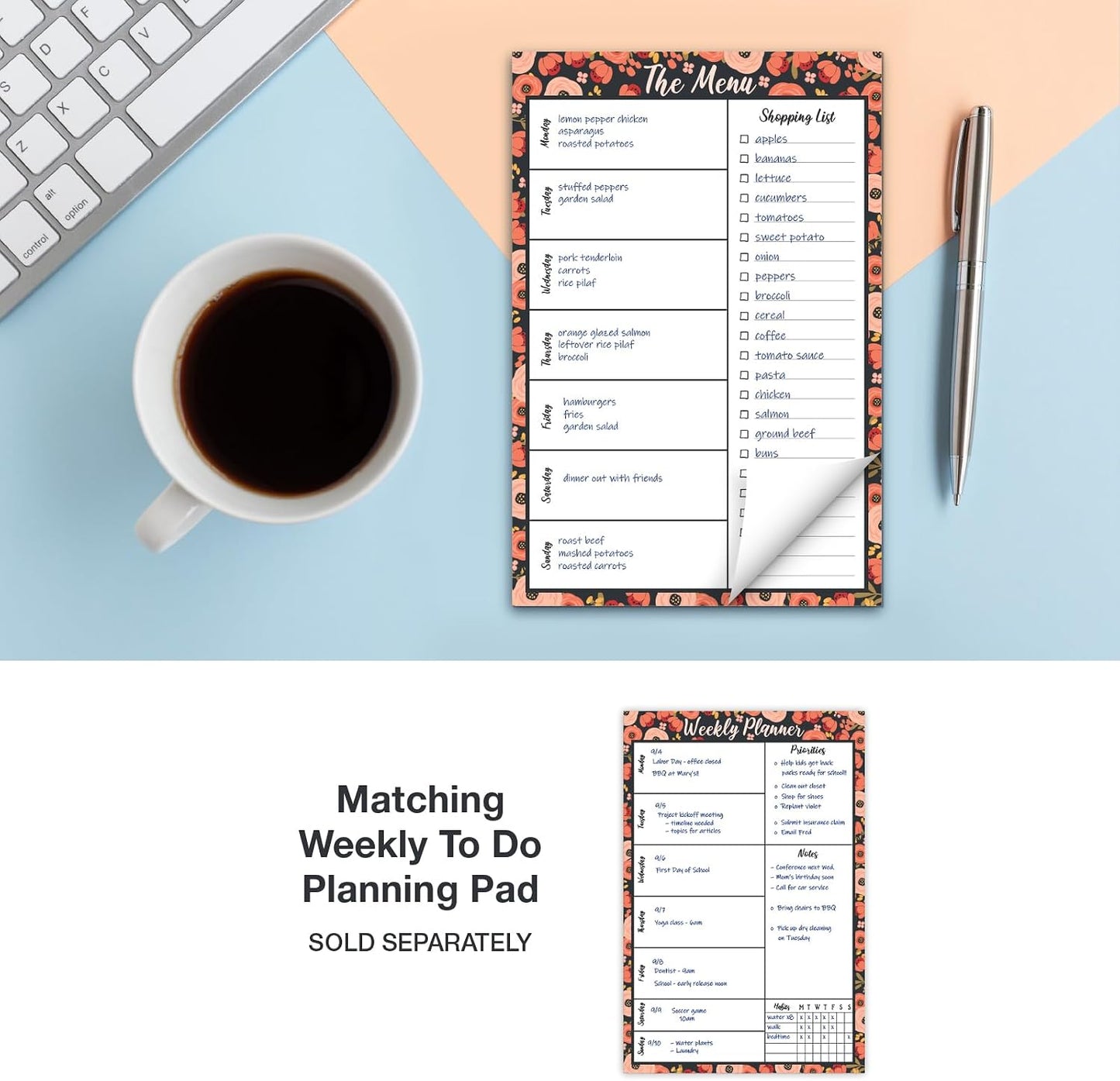 Global Printed Products 8.5" x 11" Horizontal Meal Planning Pad, 60-Sheets, Soft Pink Floral