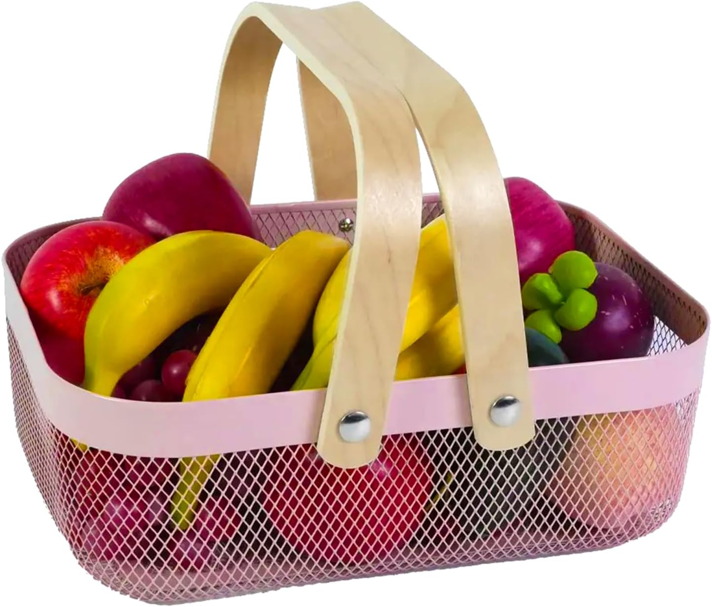 AJIODA Metal Mesh Steel Basket, Storage Organizer Basket Garden Harvest Basket Multi-functional Kitchen Fruit Baskets Bin with Wooden Handle for Bathroom Picnic Shopping Decor Cabinet Home, Pink