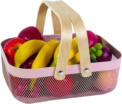 AJIODA Metal Mesh Steel Basket, Storage Organizer Basket Garden Harvest Basket Multi-functional Kitchen Fruit Baskets Bin with Wooden Handle for Bathroom Picnic Shopping Decor Cabinet Home, Pink