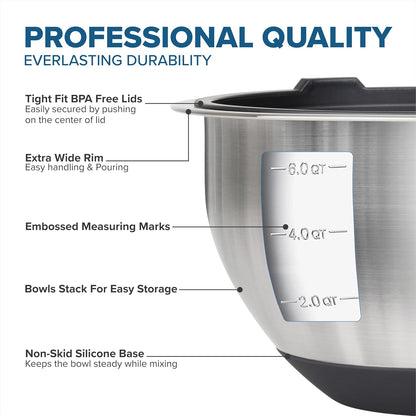 Viking Mixing Bowls Set, 10 Piece Stainless Steel Kitchen Cookware, Non-Slip Silicone Base, Includes Tight Fit Lids, Dishwasher Safe, Grey