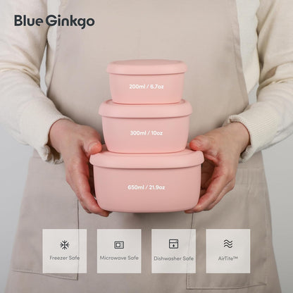 BLUE GINKGO Nesting Silicone Containers - Set of 3 Hard-Shell Silicone Food Storage Containers | BPA Free, Airtight, Dishwasher and Freezer Safe (6.7oz, 10oz, 20oz) - Green