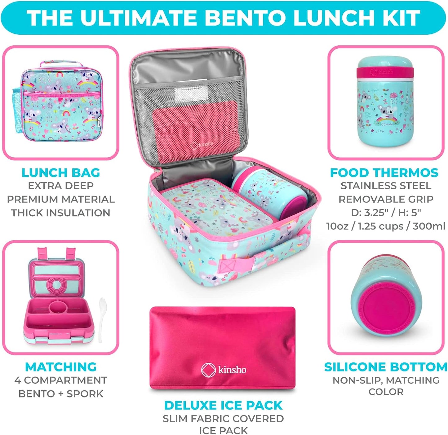 Bento Box with Stainless Steel Thermo, Insulated Lunch Bag, Ice Pack Set for Kids - 5 Compartments, Lunches or Snack Container for Girls, Toddlers Daycare Pre-School, Kindergarten Purple Unicorn