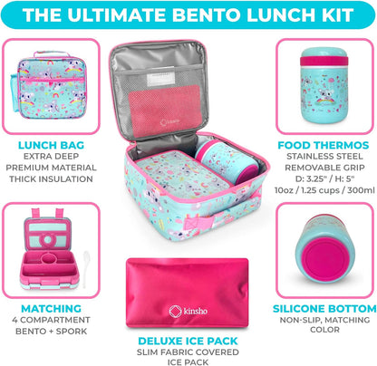 Bento Box with Stainless Steel Thermo, Insulated Lunch Bag, Ice Pack Set for Kids - 5 Compartments, Lunches or Snack Container for Girls, Toddlers Daycare Pre-School, Kindergarten Purple Unicorn