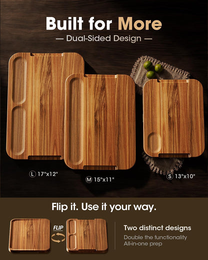 Starkbear Acacia Wood Cutting Board Set of 3 with Stand, Core-Cut Non Slip Wooden Chopping Block, Sloped Juice Groove Reversible Charcuterie Serving Tray for Modern Kitchen Gift