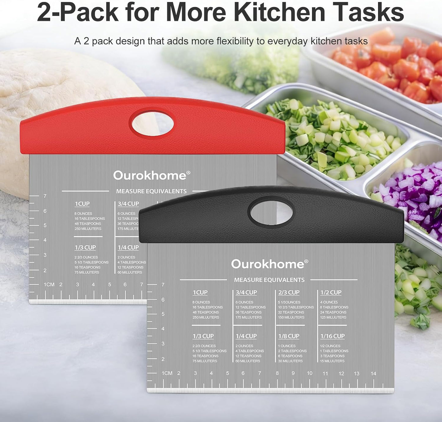 Ourokhome 2 Pack Bench Scraper Dough Cutter, Stainless Steel Dough Scraper with Laser-Etched Scale, Conversion Chart, Non-Slip Handle, Dishwasher Safe for Bread & Pastry, Black