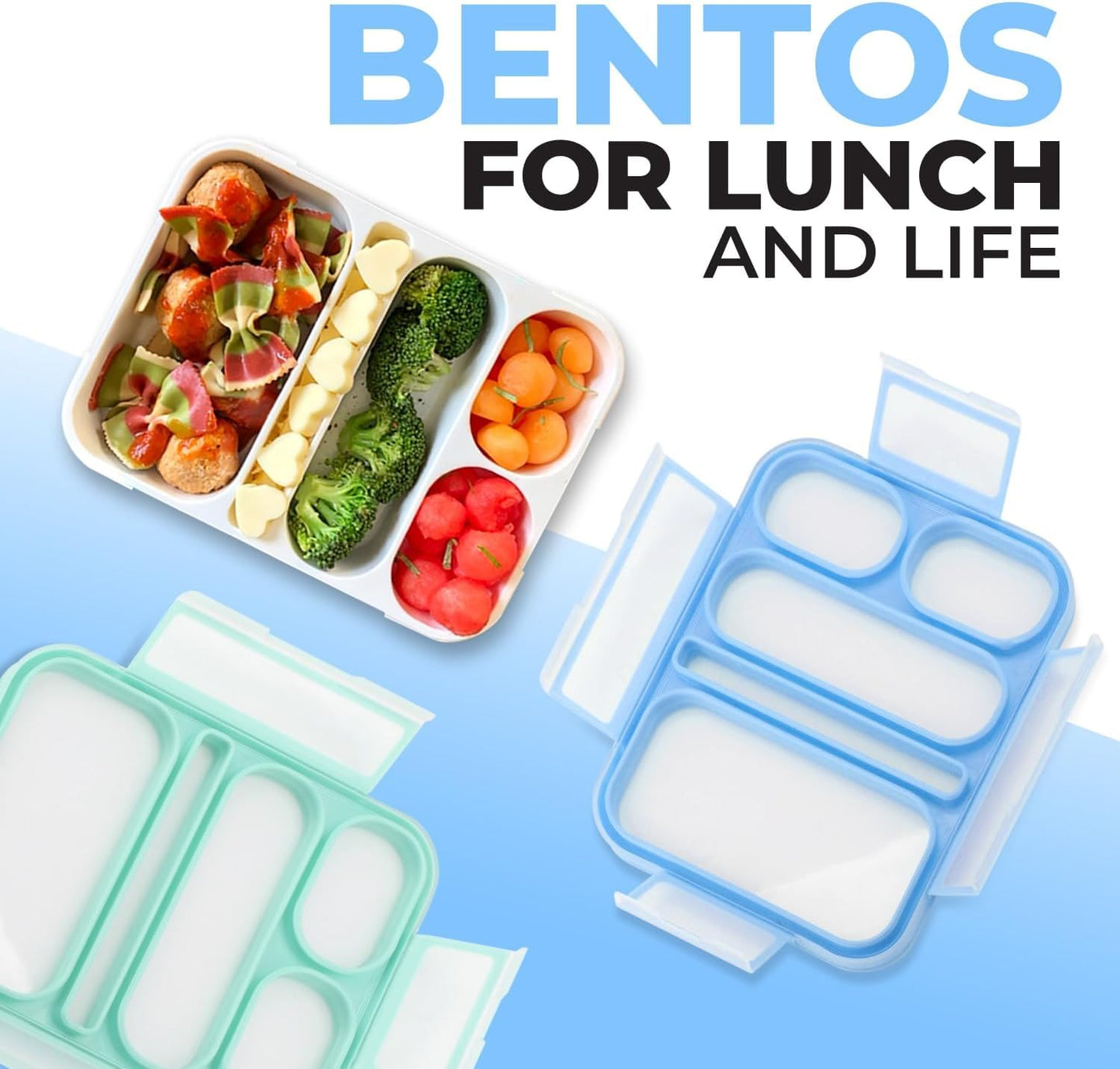 kinsho Bento Lunch-Box for Adults Kids Lunches, Portion Control Container Boxes for Women Girls Boys | Leak-Proof Snack Containers, BPA-Free Utensils 5 Compartments | Blue & Green 2 Pack Set