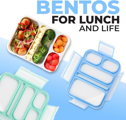kinsho Bento Lunch-Box for Adults Kids Lunches, Portion Control Container Boxes for Women Girls Boys | Leak-Proof Snack Containers, BPA-Free Utensils 5 Compartments | Blue & Green 2 Pack Set
