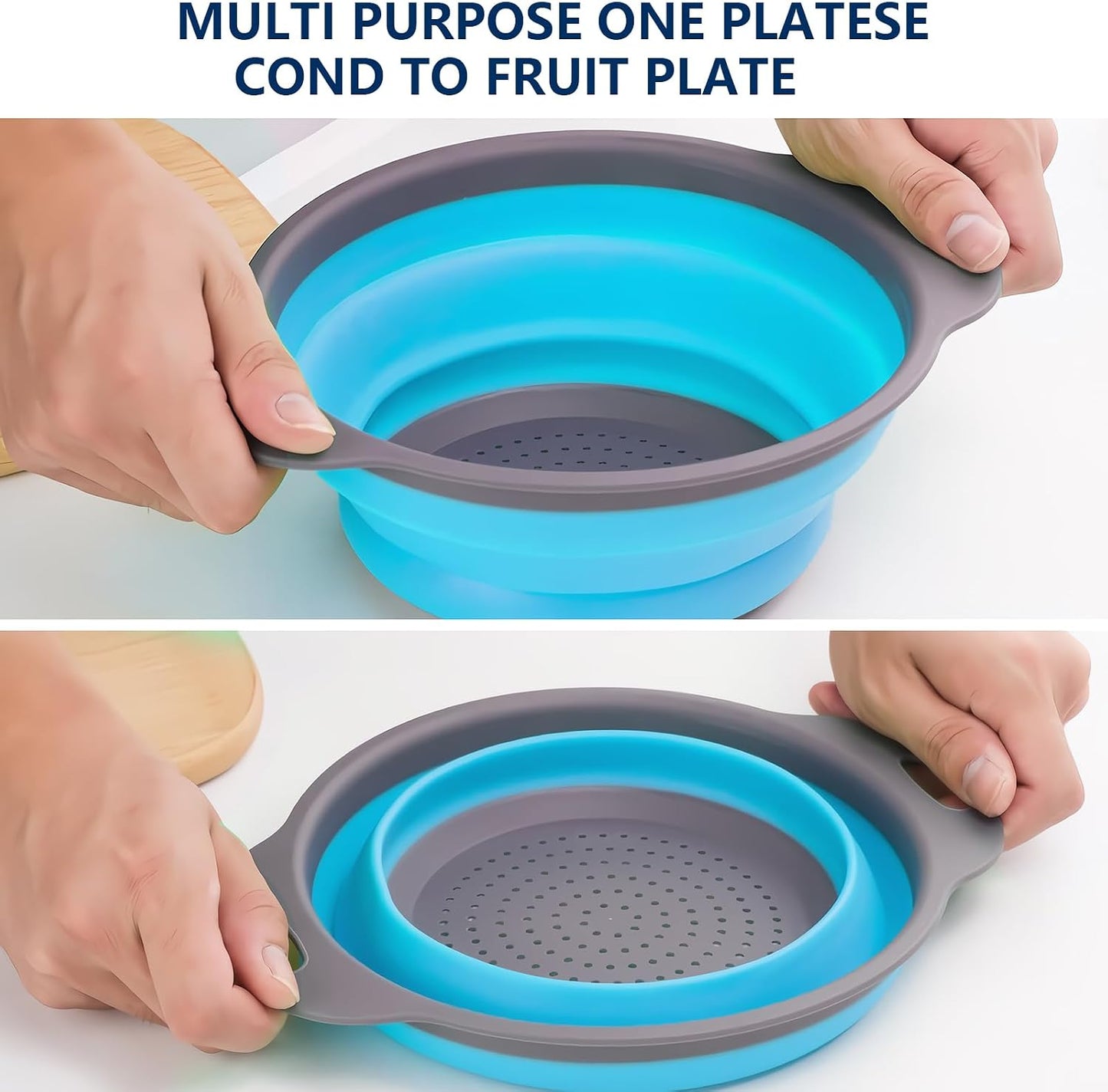 Collapsible Colander Set of 3, Space-Saving Silicone Strainers with Handles, Heat Resistant Food Draining Baskets for Vegetables, Fruits, Pasta, Kitchen, RV & Camping Use (Blue)