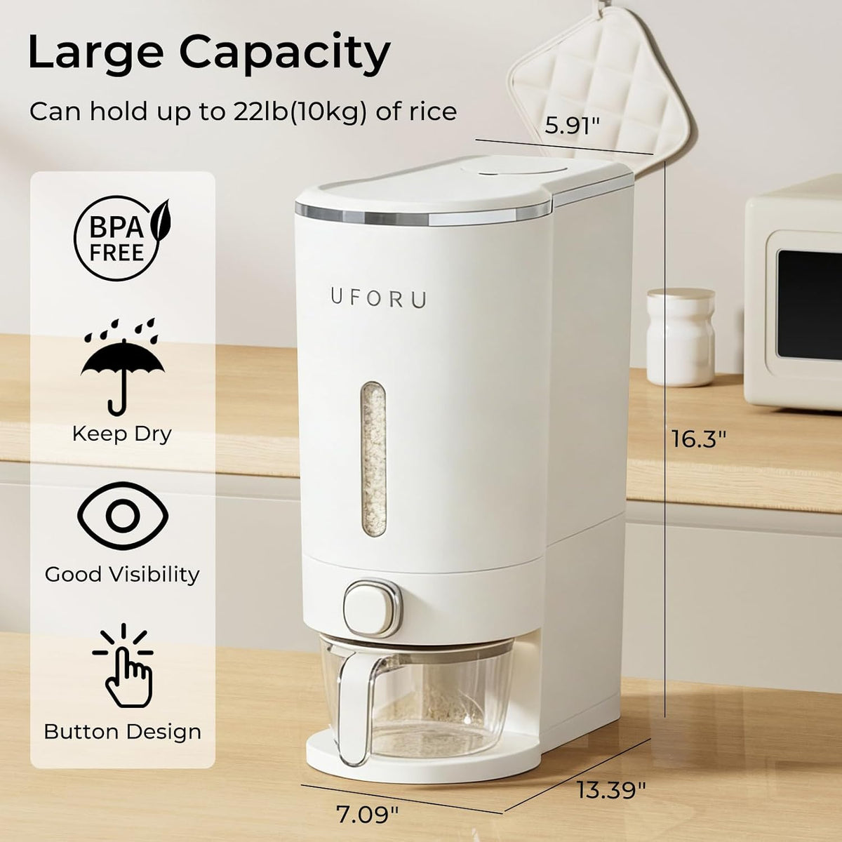 UFORU Rice Dispenser, Rice Storage Container with Measuring Cup for Kitchen Pantry Household, Dry Food Storage Containers Airtight, Sealed Moisture Proof (White 13Lbs)