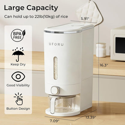 UFORU Rice Dispenser, Rice Storage Container with Measuring Cup for Kitchen Pantry Household, Dry Food Storage Containers Airtight, Sealed Moisture Proof (White 13Lbs)