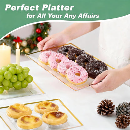 FOCUSLINE 8 PCS Plastic Serving Trays, White and Gold Rim Plastic Serving Platters, Disposable Tray for Food, Perfect for Wedding Parties