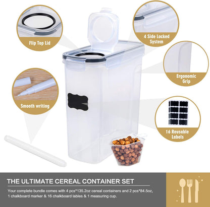 FOOYOO Cereal Containers Storage Set - 4 Piece Airtight Large Food Storage Containers(135.2oz), BPA Free Dispenser Plastic Cereal Storage Containers
