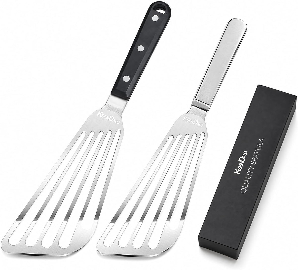 KSENDALO 2 Pack Flexible Fish Spatula Stainless Steel for Kitchen | Egg Turner Flipper, Thin Edged Slotted Angled Blade, 1 Hollow Steel Handle & 1 POM Plastic Handle