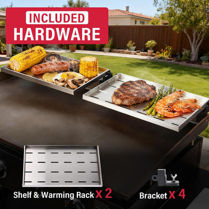 Utheer 2-Pack Griddle Warming Rack for Blackstone 28" Griddles, Stainless Steel Flat Top Grill Accessories | Reversible Rack Adds Prep Space, Foldable Clip-On Design Expands Cooking & Holding Area