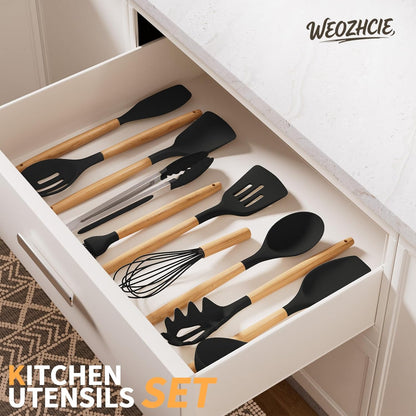 Silicone Cooking Utensil Set,12 PCS Cooking Cookware Kitchen Utensils Set for Cooking, Nonstick 446°F Heat-Resistant Cookware Kitchen Tools of Spoon,Brush,Whisk,Spatula,Turner Tongs (Khaki)