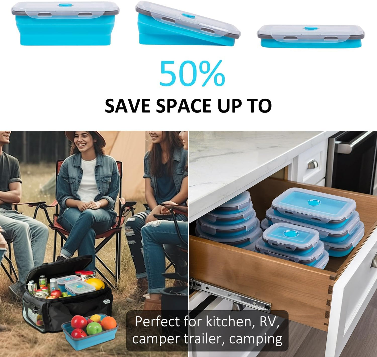 Collapsible Food Storage Containers with Lids, 4 Pack, 40 oz Silicone 1-Compartment Meal Prep Containers Reusable, Lunch Bento Boxes for Adults, Microwave Freezer Dishwasher Safe, BPA-Free, Black