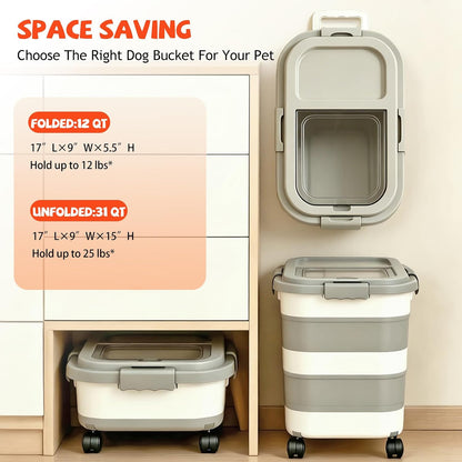 23-25-Liter Foldable Airtight Dog Food Container with Airtight Lid, Wheels, Handle, and Scoop; Large Cat Food Storage Bin; Pet Food Storage Container