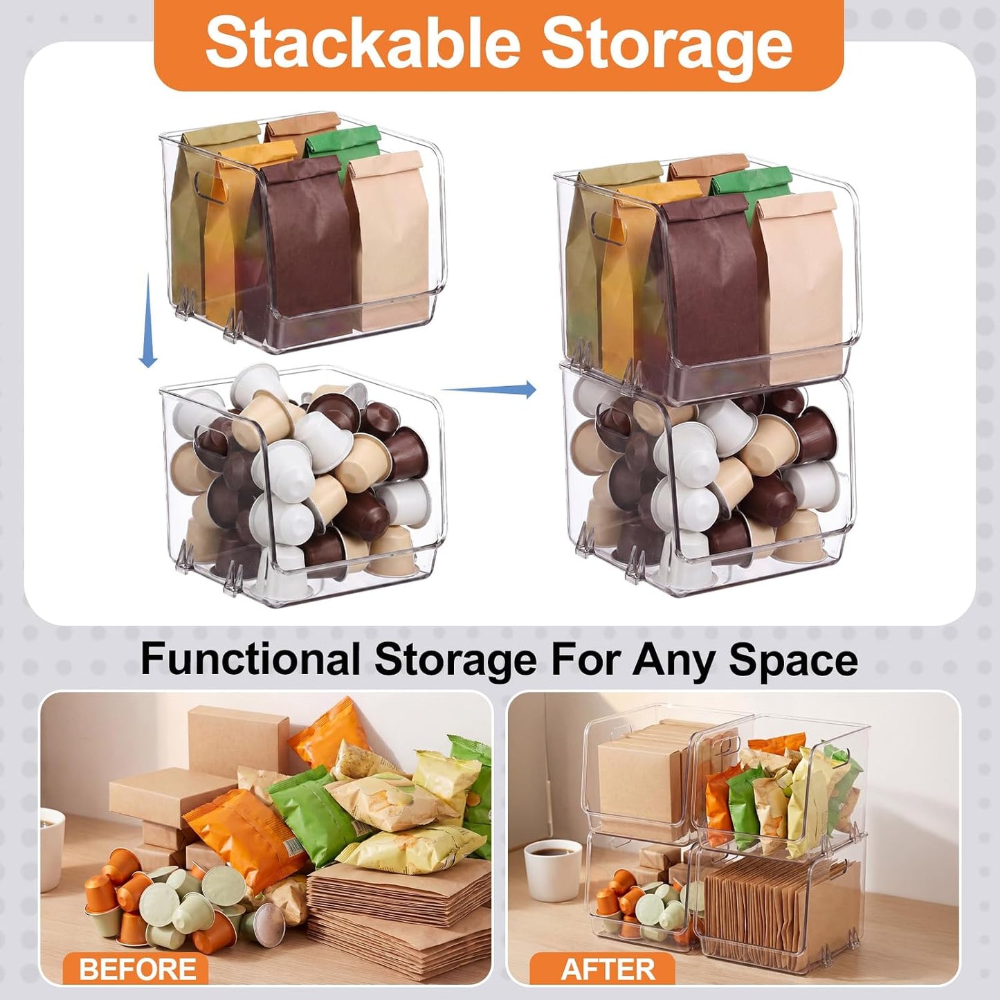 4 Pcs Clear Plastic Storage Bins Stackable Pantry Storage Organizer Kitchen Cabinet Organizers Ideal Containers for Coffee Pod Tea Sugar Bag Fridge Caddy Office