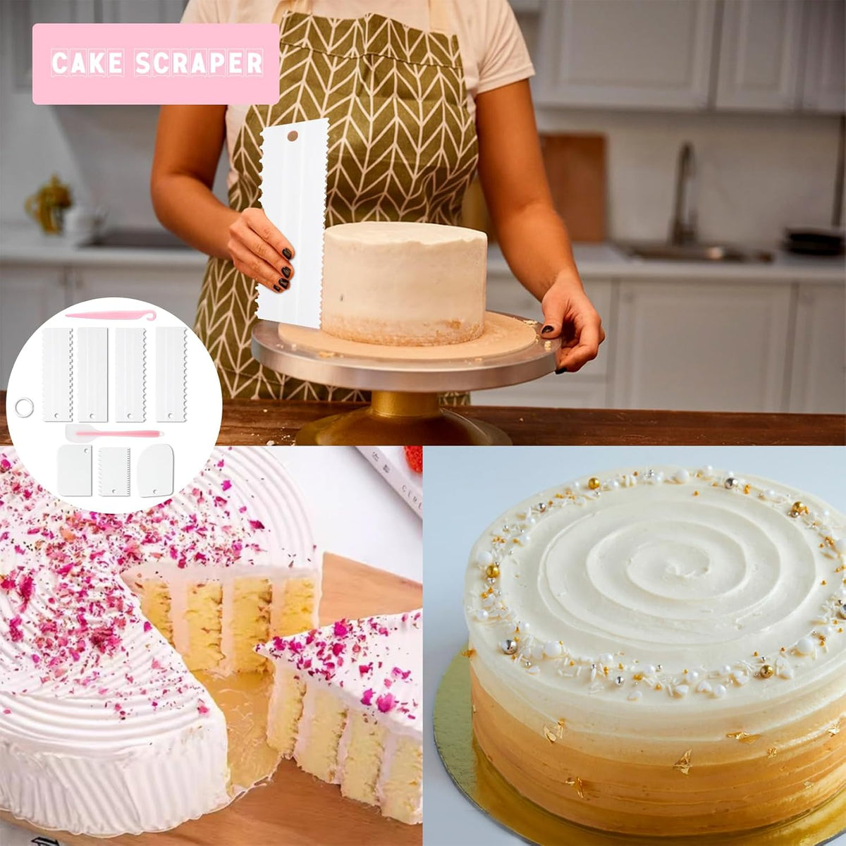 9PCS Cake Scraper Set with Cake Scraper Smoother Set, Adjustable Icing Scraper Polisher Tool, Cake Decorating Comb, Icing Smoother Plastic Sawtooth,Cake Icing Kitchen Baking Cake Edge(White)