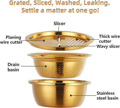 DOCBLACK Colander, 3Pcs Stainless Steel Kitchen Tool 3 in 1 Drain Basket Fruit and Vegetable Cutter Strainer Bowl Set Drain Pot Basket Grater for Fruits Vegetables Rice Washing Mixing - Gold